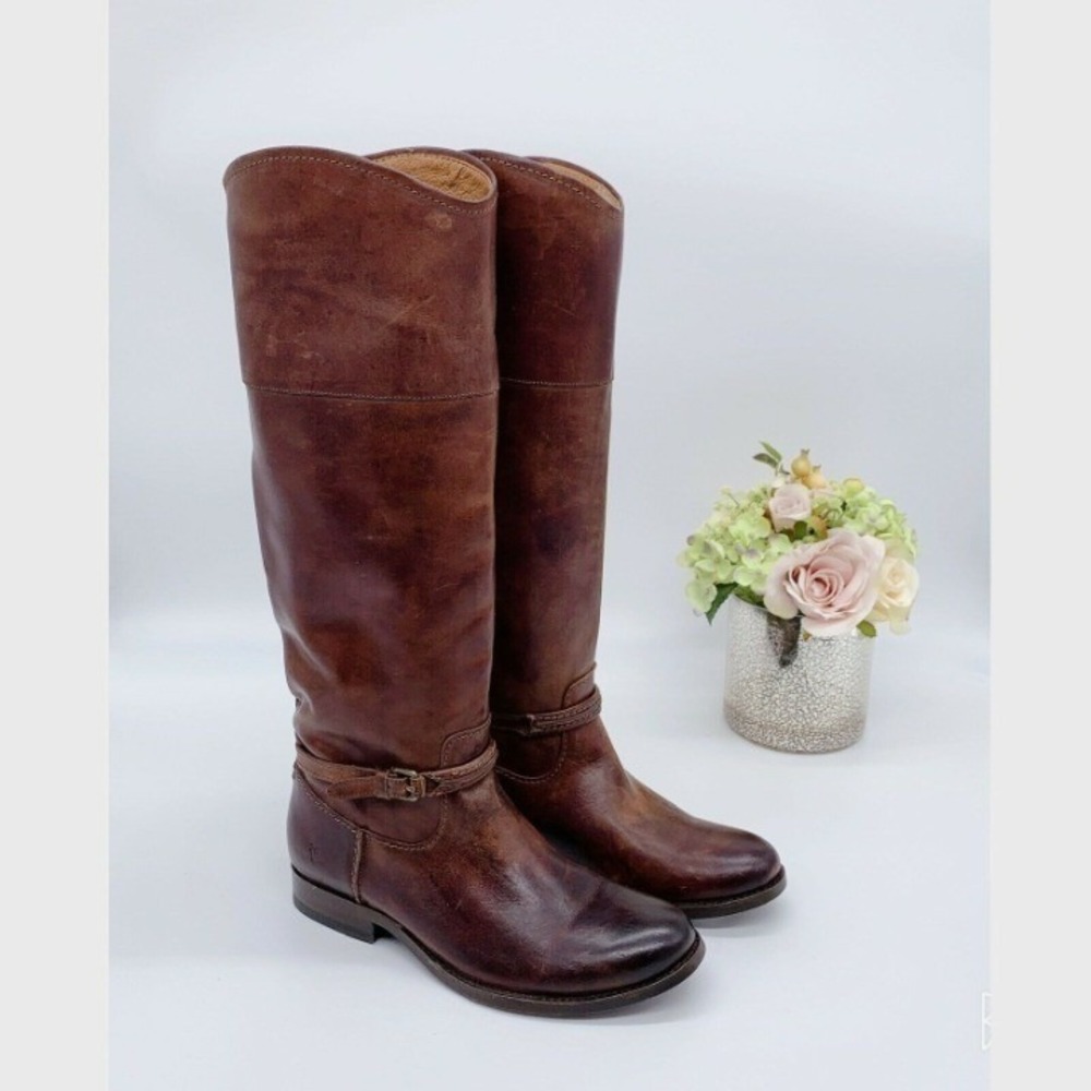 Frye Melissa Seam Knee High Boots Brown Leather Pull On Size US 5.5